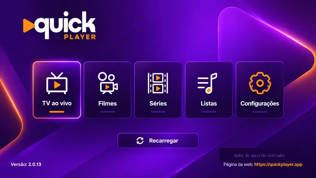 Tela inicial do Quick Player com TV ao vivo, Filmes, Séries, Listas e Configurações