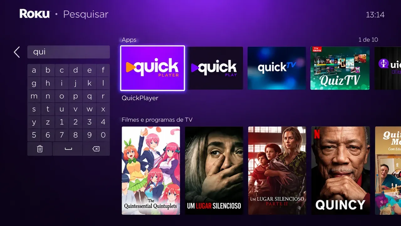 Busca da loja do Roku com o aplicativo QuickPlayer selecionado